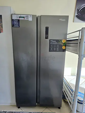 Tall upright refrigerator and freezer - grey stainless finish, good working condition