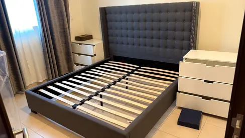 Stylish Gray King-size Bed Frame with large headboard