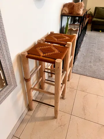 Set of 2 rustic wooden stools with woven seats
