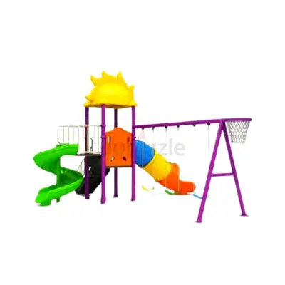 Backyard fitness swing set, with three swings, two slides, a basketball hoop and a climbing stairca