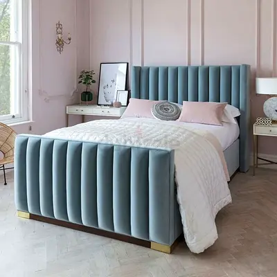 Teal Queen Size Velvet Channel Bed Frame – Upholstered Headboard  Footboard