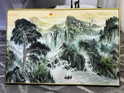 Solid Aluminium Framed Chinese Landscape Painting with crystal work. 90x60