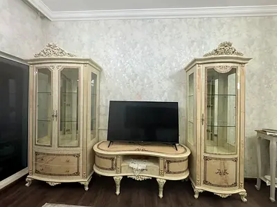 3-piece ornate cream display cabinets with matching TV console