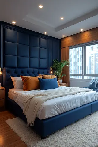 Navy King Size upholstered bed with tall padded tufted headboard