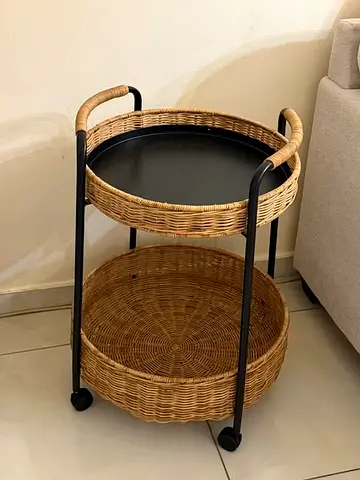 Round wicker 2-tier rolling side table / serving trolley