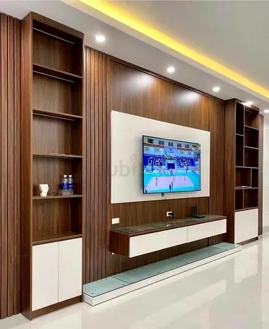 Walnut TV Wall Unit / Entertainment Center with Floating Console and Shelves