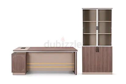 Modern Office Desk  Book Shelf Set - Grey Khaki Color Manager Table  Bookshelf For Office