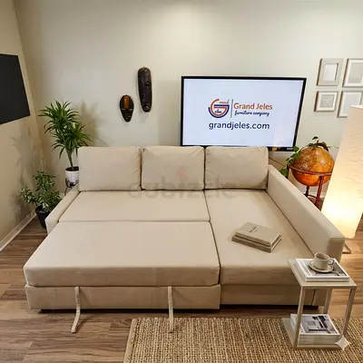 Beige L-shaped Convertible Sofa Bed - Good Condition