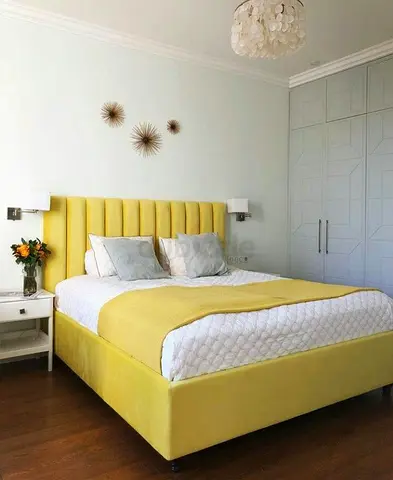 Yellow Upholstered Double Bed Frame with Padded Headboard