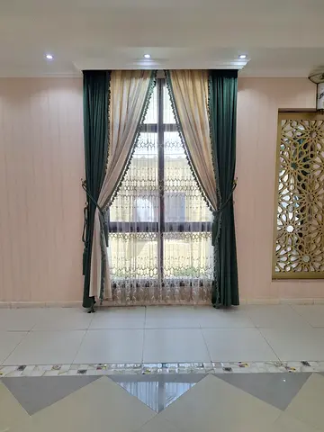 Green and beige layered curtains with lace sheers (set)