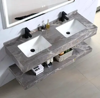My modern double marble vanity with 2 sinks and open shelf