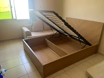 Hydraulic lift storage bed with mattress and headboard - Queen Size, almost new used few times only,