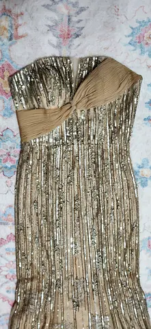 Gold Strapless Sequin Evening Dress with Pleated Bust.. original price 2700