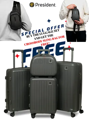 President 4-piece black hard-shell roller luggage set — free crossbody sling bag