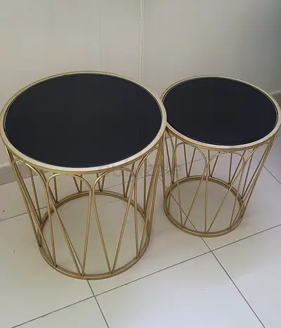 Set of 2 Round Gold Metal Side Tables with Black Glass Tops