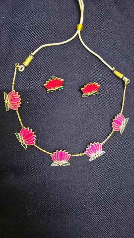 Lotus enamel necklace with matching stud earrings - adjustable cord (new)