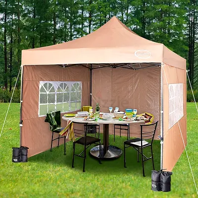 MAXIMUS HEAVY DUTY POP UP GAZEBO 3m x 3m COMMERCIAL MARKET STALL WITH 4 WEIGHT BAGS (4 Walls, Beige)