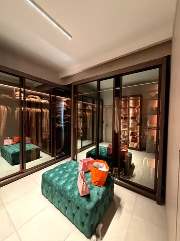 Glass-door wardrobe unit with shelves and bench —custom made