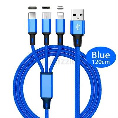 Blue 120cm 3-in-1 Charging Cable (Lightning, Micro USB  USB-C)