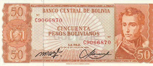 BOLIVIA 50 BOLIVIANOS BANKNOTE 1982