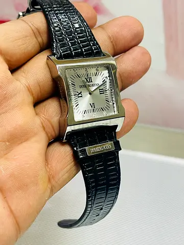 Dyrberg/Kern rectangular silver watch with black croc leather strap