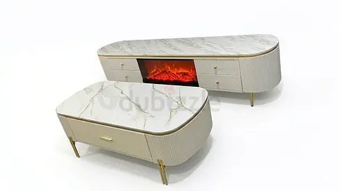Marble-Top tv stand with fireplace and Matching Coffee Table