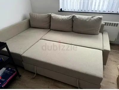 Beige L-shaped Sofa Bed with Pull-out