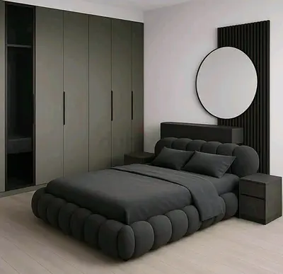 My modern upholstered bed set — bed, headboard, 2 nightstands