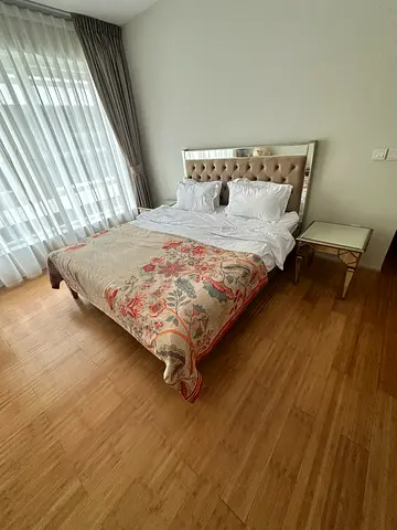 Tufted upholstered beds frame with mattresses and bedside table for sale