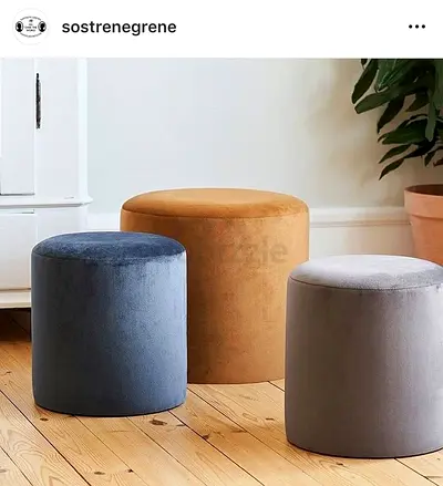 Set of 3 round velvet poufs/stools — blue, mustard  grey (lightly used)