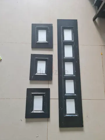 Black wooden wall photo frame set — long 5-photo frame + 3 matching frames