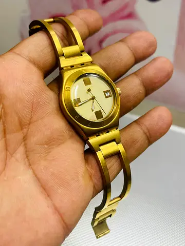 My Swatch gold-tone womens bracelet watch with date — working