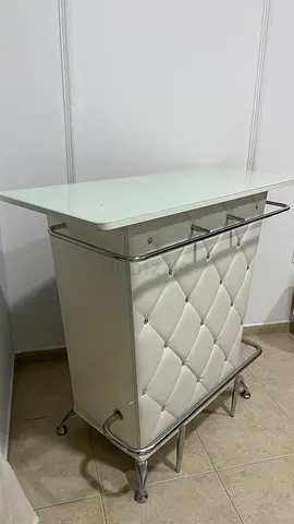White Tufted Home Bar Table with Chrome Rails