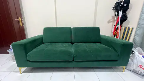 Green velvet 3-seater sofa with gold legs (good condition)