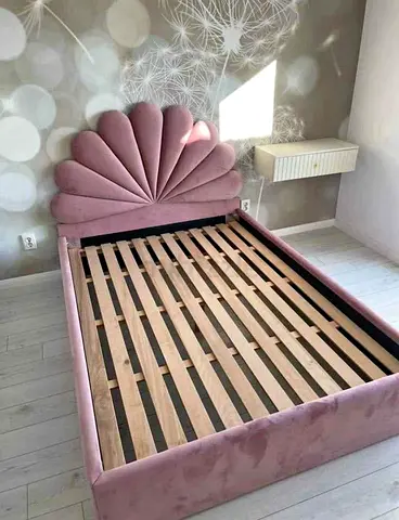 My pink velvet shell-headboard bed frame (slatted base)