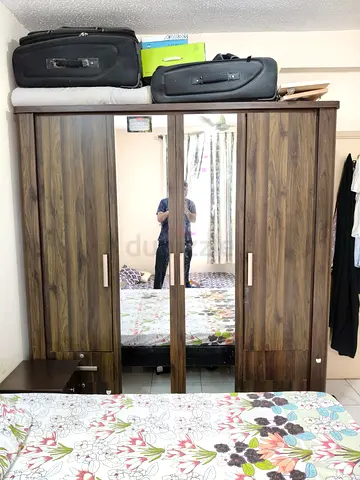 Spacious Wardrobe with Mirror in Dark Wood Finish