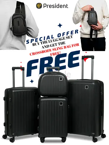 President 4-piece black hard-shell roller luggage set — free crossbody sling bag