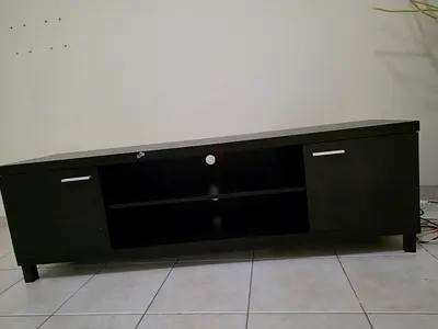 Black Wood TV stand - entertainment center with 2 cabinets and open shelves