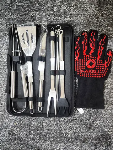 8-piece BBQ grill tool set with heat-resistant glove (used)