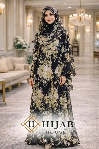 Just 50 AED FLORAL Black Abaya with matching hijab — full-length set