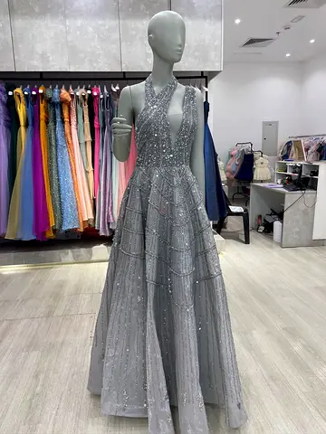 DRESS FOR SALE Silver beaded halter-neck evening gown,