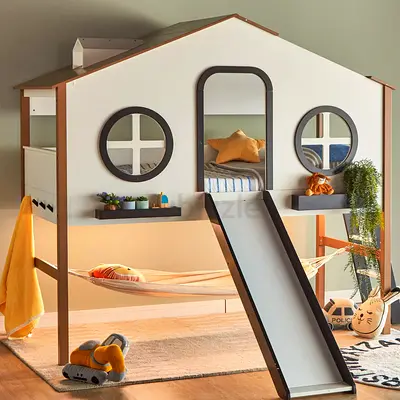 Childrens House Loft Bed with Slide  Hammock