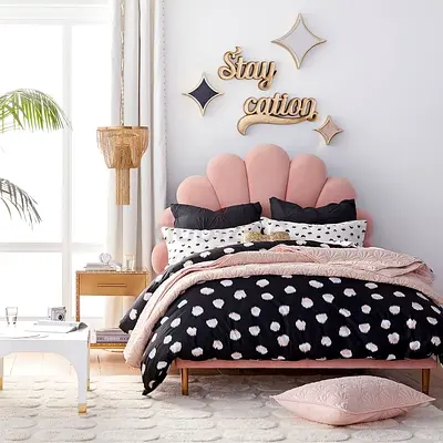 My pink scallop headboard bed