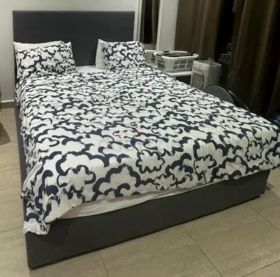 My grey upholstered bed frame with headboard and mattress - good condition