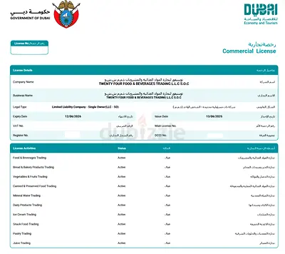 Dubai Mainland Trade License with Bank Account – 24 Foods  Beverages Trading