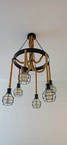 Rustic rope chandelier - 5 cage pendant lights