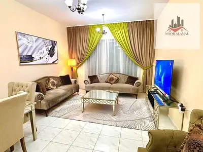 Sharjah, Al Taawun area: One-bedroom apartment for those seeking luxury. Second occupancy, fully furnished with brand new, super deluxe furniture.