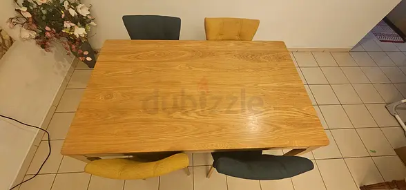 Solid Wood Dining Table with 4 Upholstered Chairs (2 Mustard, 2 Navy)