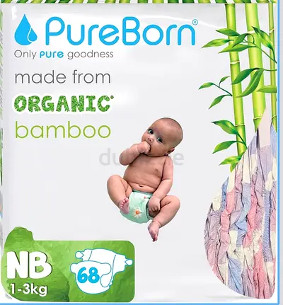 PureBorn Organic Bamboo Newborn Diapers NB 68 (1-3 kg) - Sealed Pack