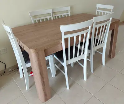 6-Seater Dining Set – Oak-Effect Table with 6 White Chairs